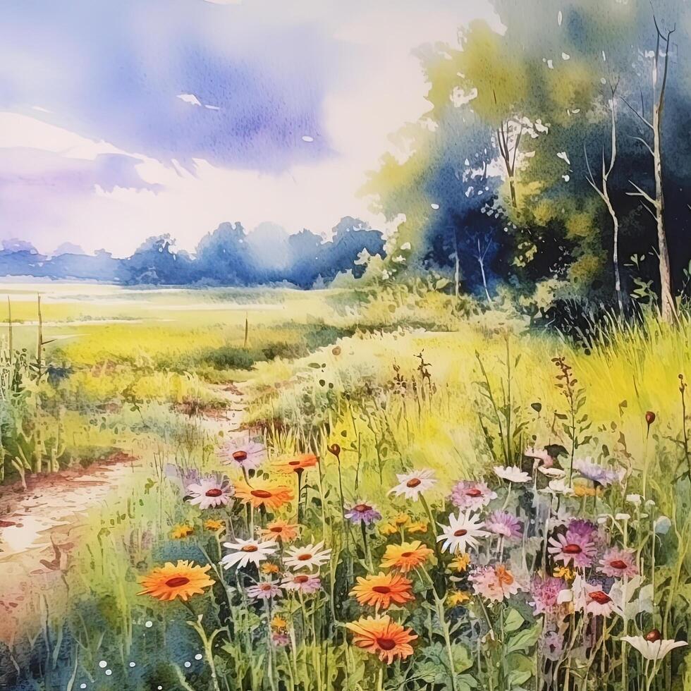 Summer meadow watercolor background. Illustration photo