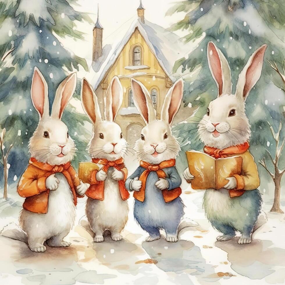 Watercolor bunnies in clothes singing Christmas tree. Illustration photo