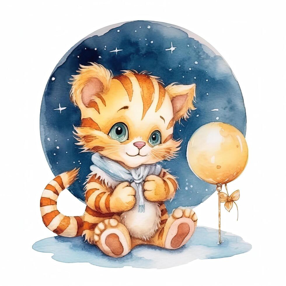 Cute baby tiger watercolor. Good night. Illustration photo