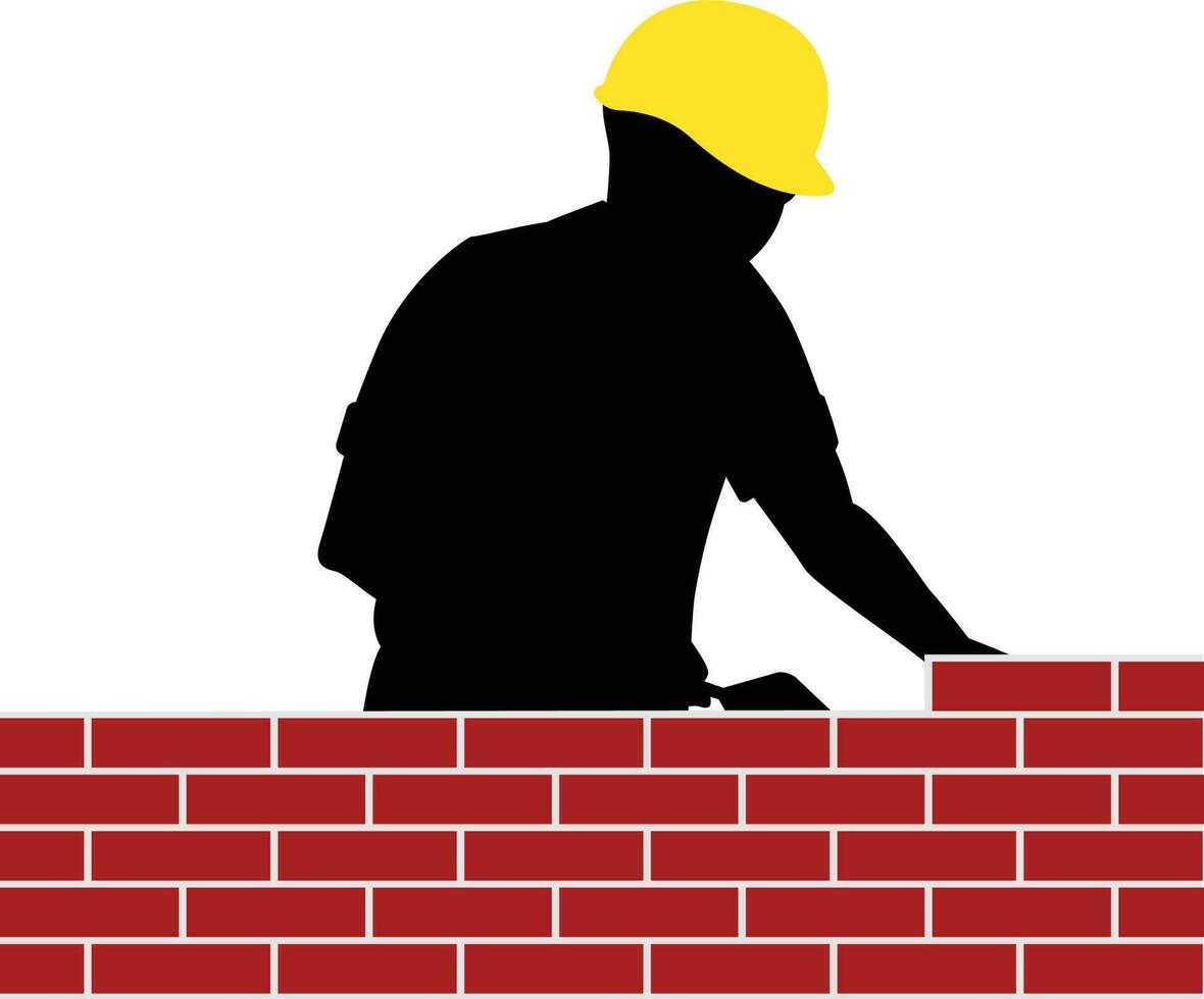 Brick laying, bricklayer wearing hard hat, brick wall Vectors Illustration