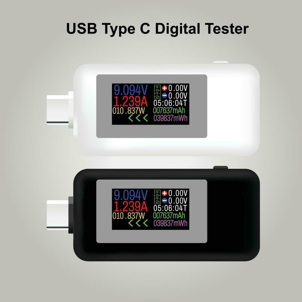 USB Tester, Current Voltage Meter Timing Ammeter Digital Monitor Cut off Power Indicator Bank Charger vector illustration