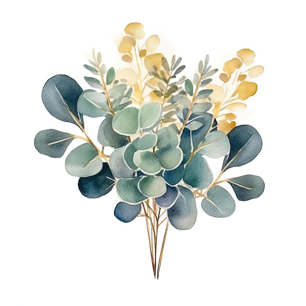 Watercolor green and golden eucalyptus leaves. Illustration photo