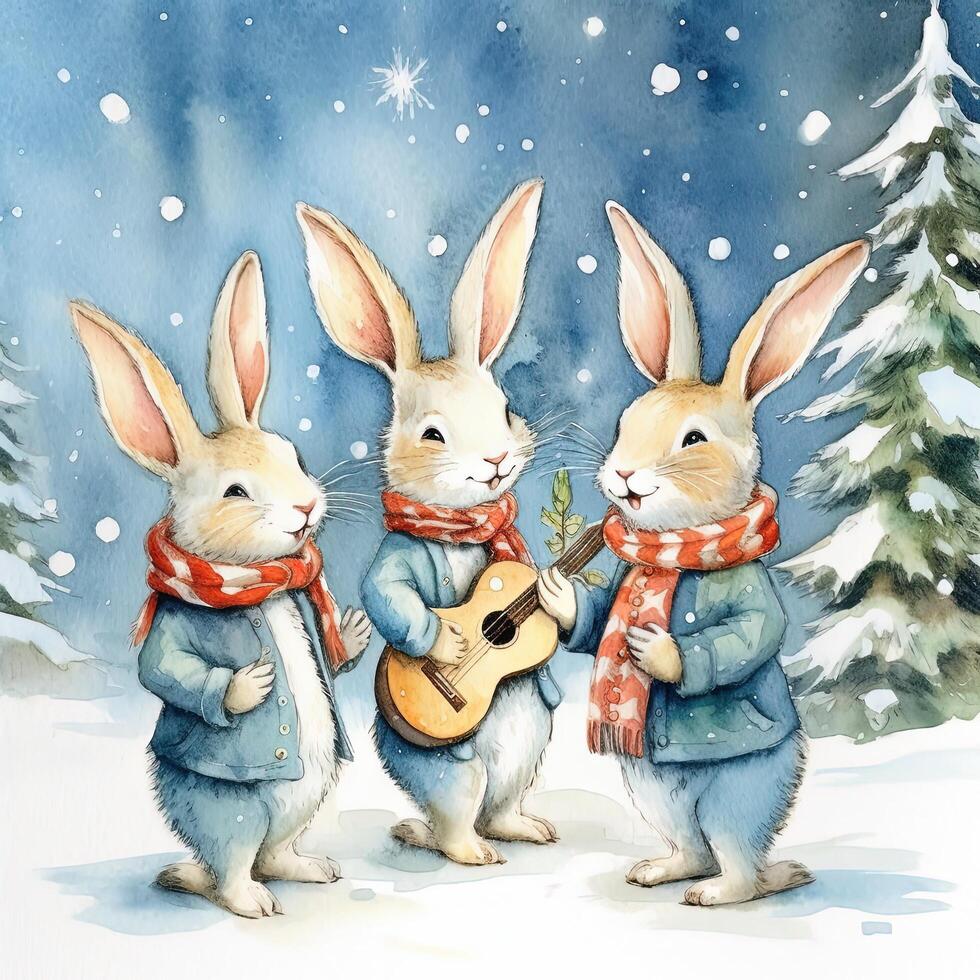 Watercolor bunnies in clothes singing Christmas tree. Illustration photo