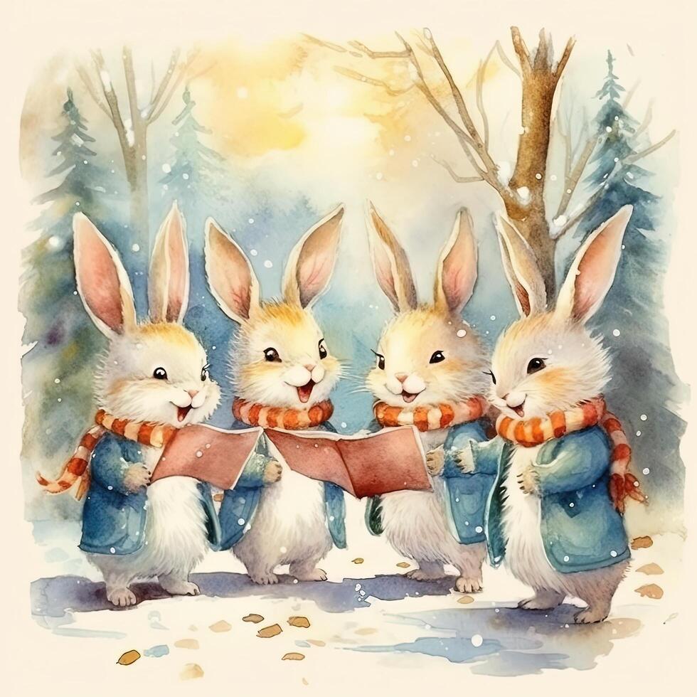 Watercolor bunnies in clothes singing Christmas tree. Illustration photo