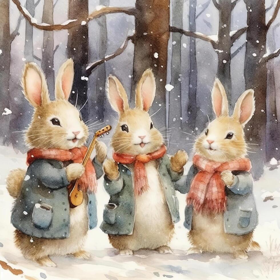 Watercolor bunnies in clothes singing Christmas tree. Illustration photo