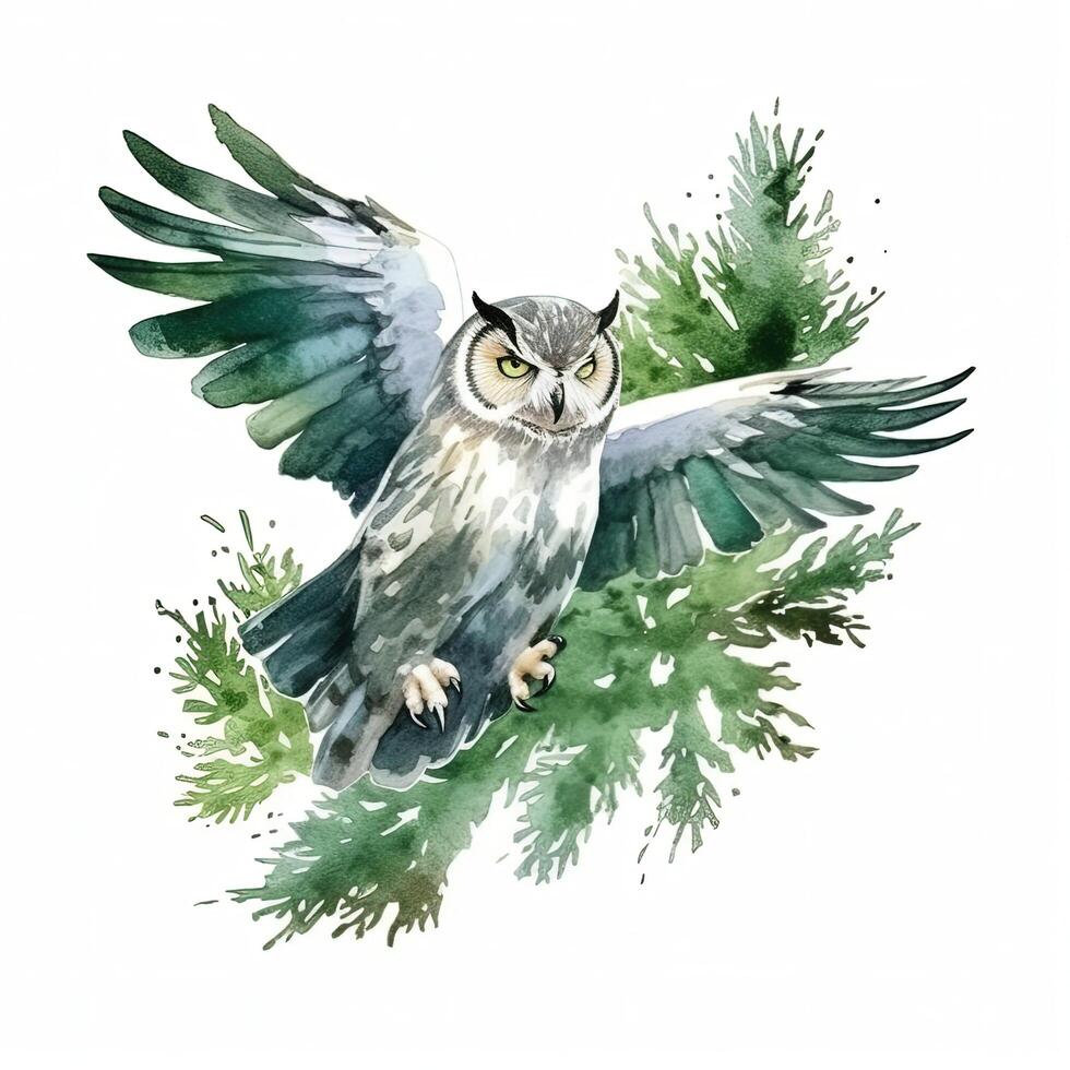 Green watercolor owl. Illustration photo