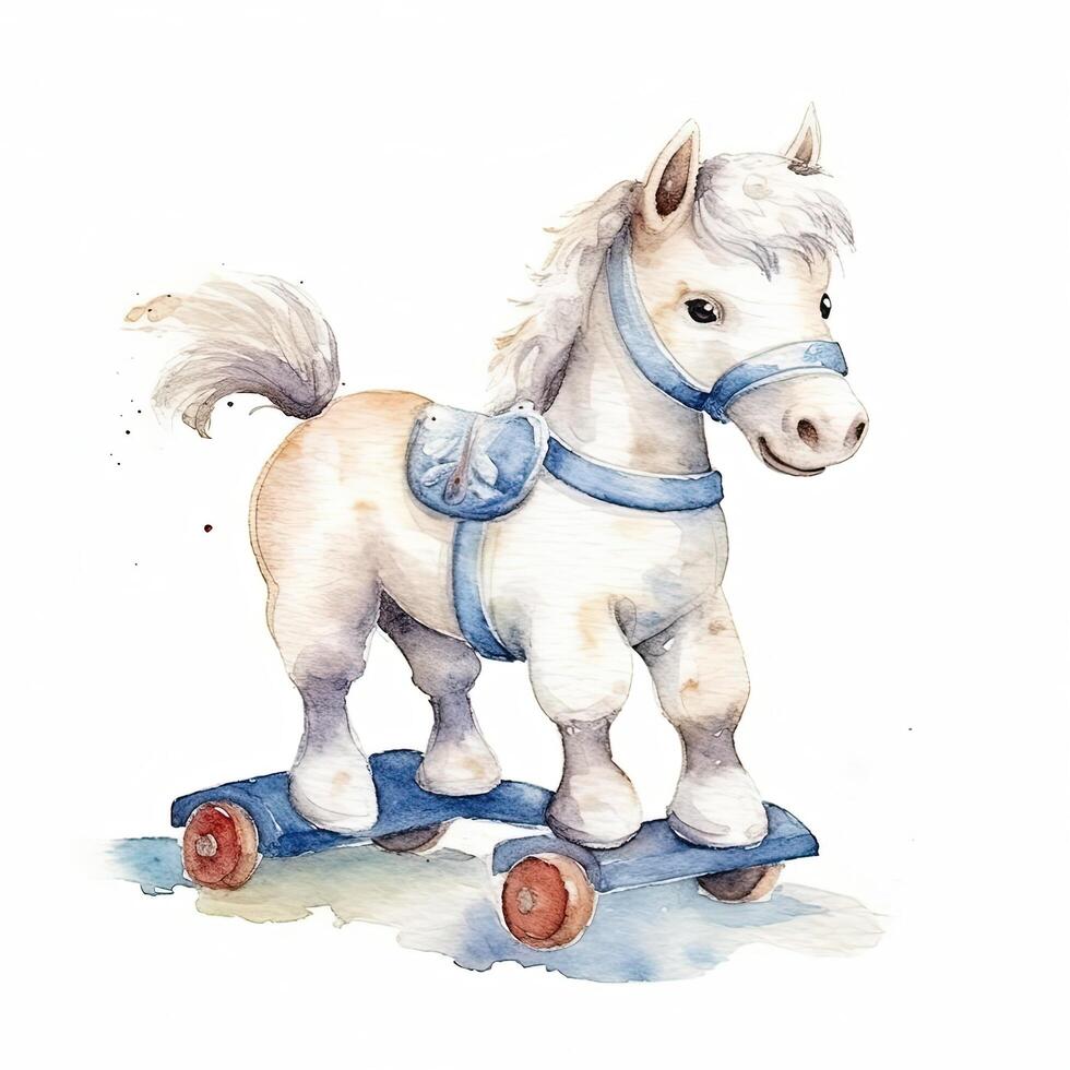 Watercolor vintage cartoon horse toy. Illustration photo