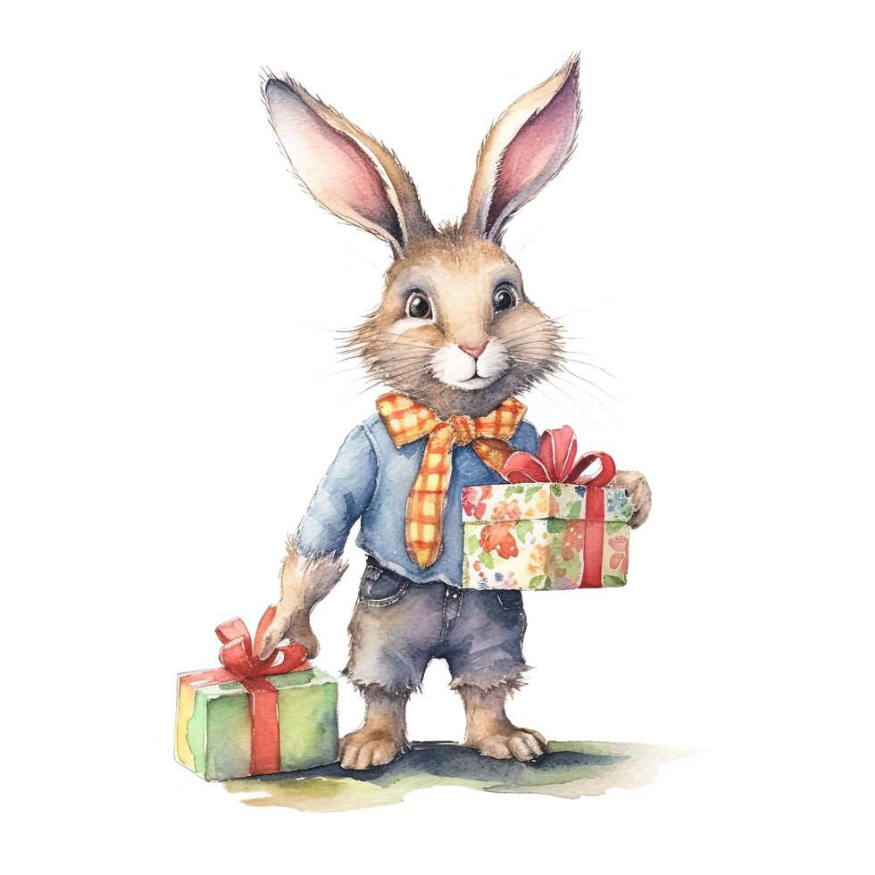 Watercolor rabbit with gift box. Illustration photo