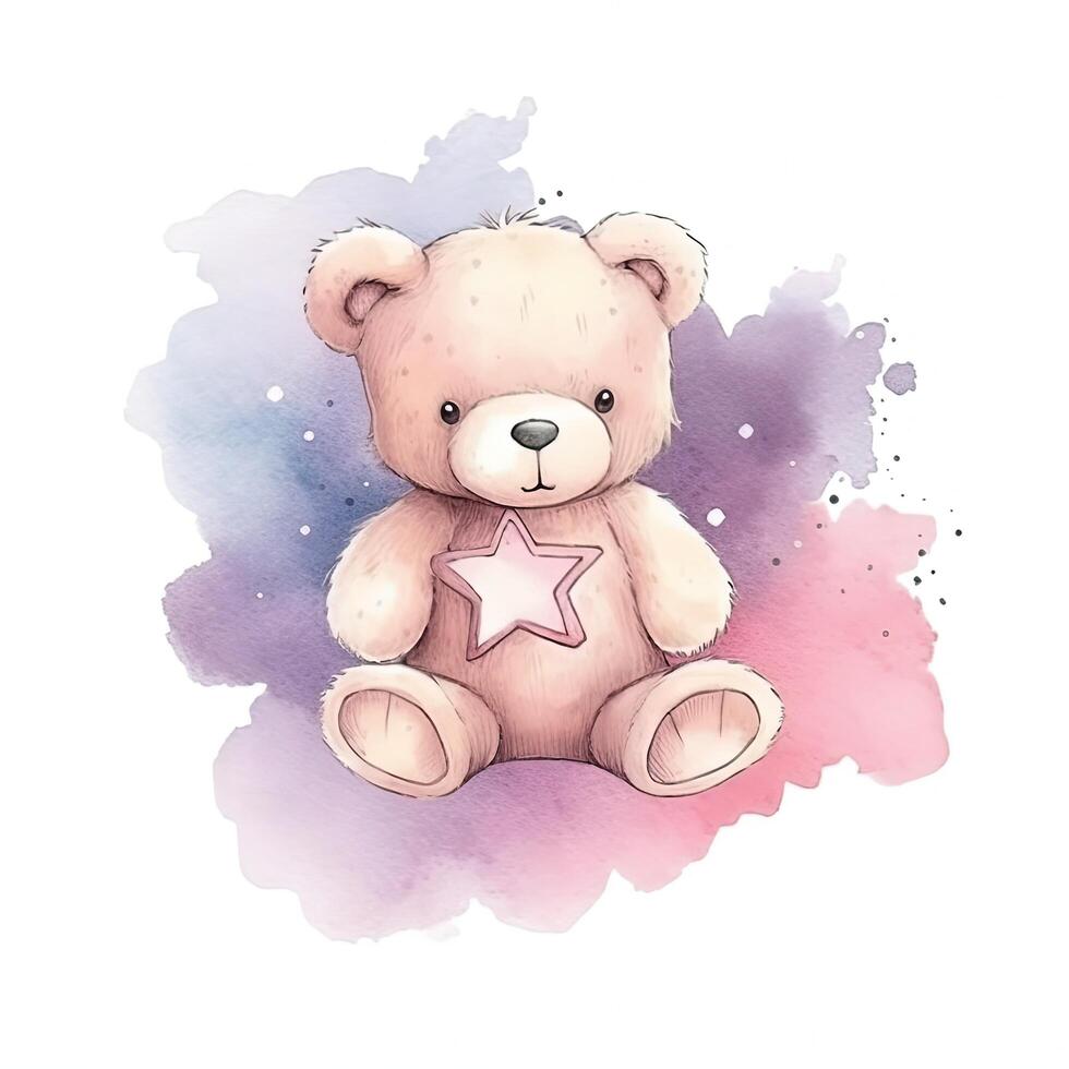 Cute watercolor teddy bear. Illustration photo