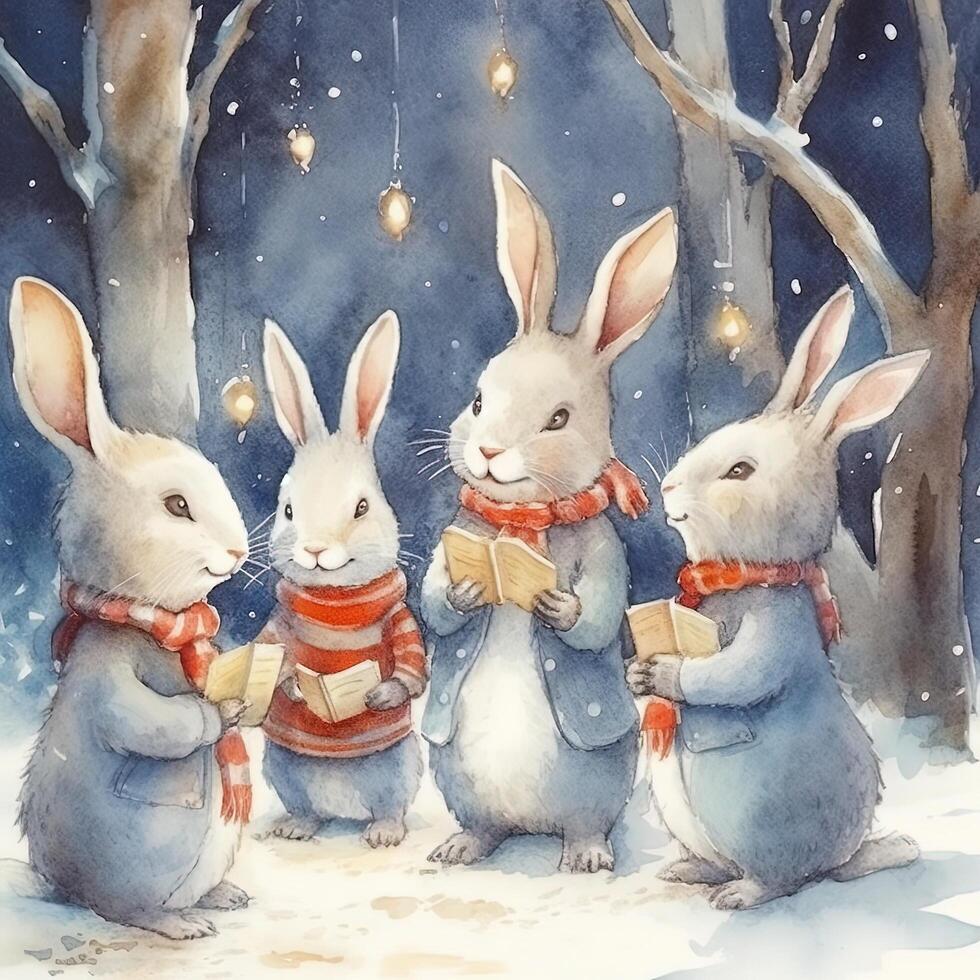 Watercolor bunnies in clothes singing Christmas tree. Illustration photo