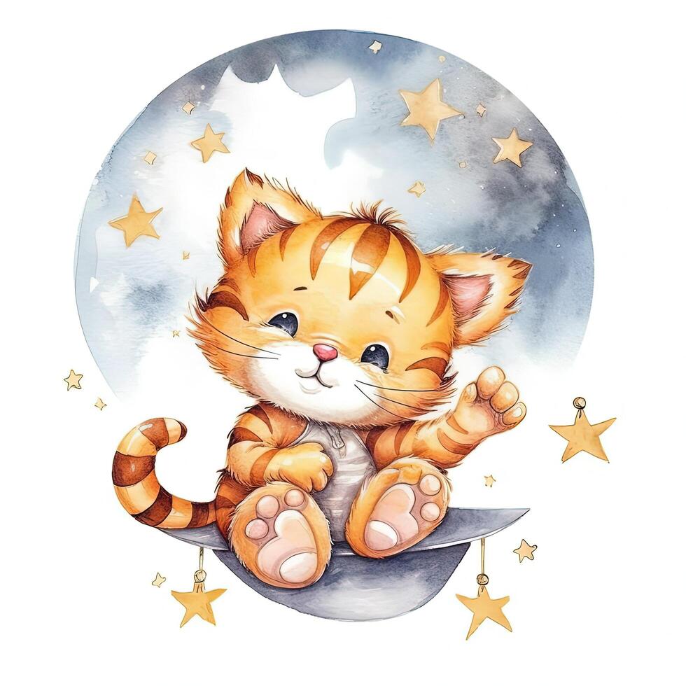 Cute baby tiger watercolor. Good night. Illustration photo