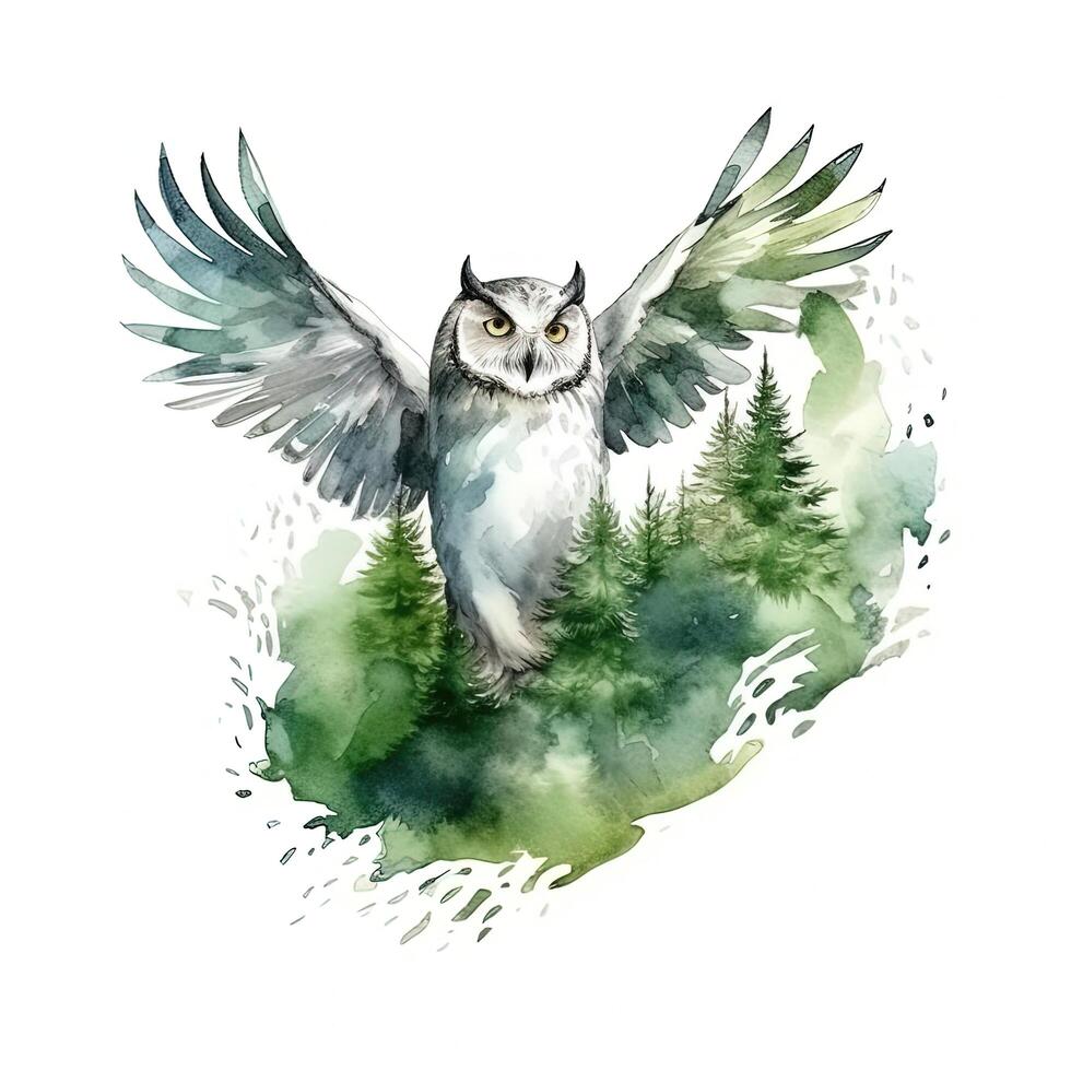 Green watercolor owl. Illustration photo