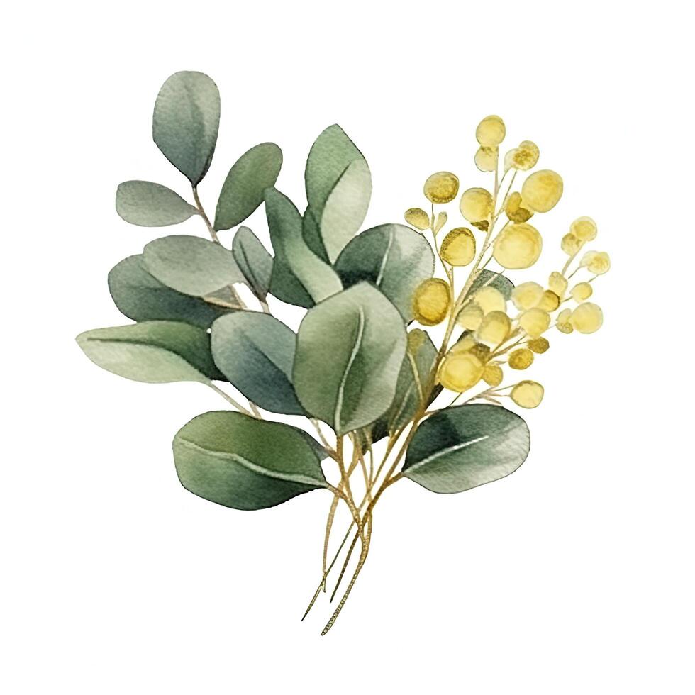Watercolor green and golden eucalyptus leaves. Illustration photo
