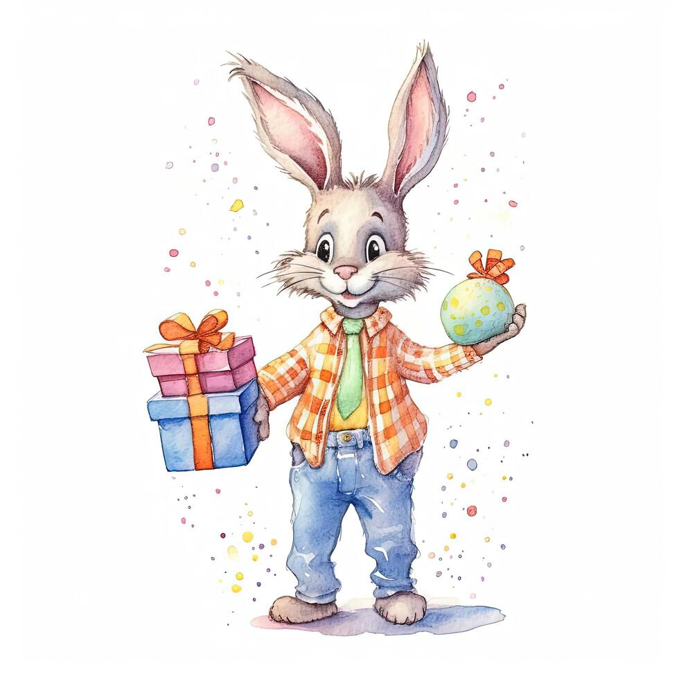 Watercolor rabbit with gift box. Illustration photo