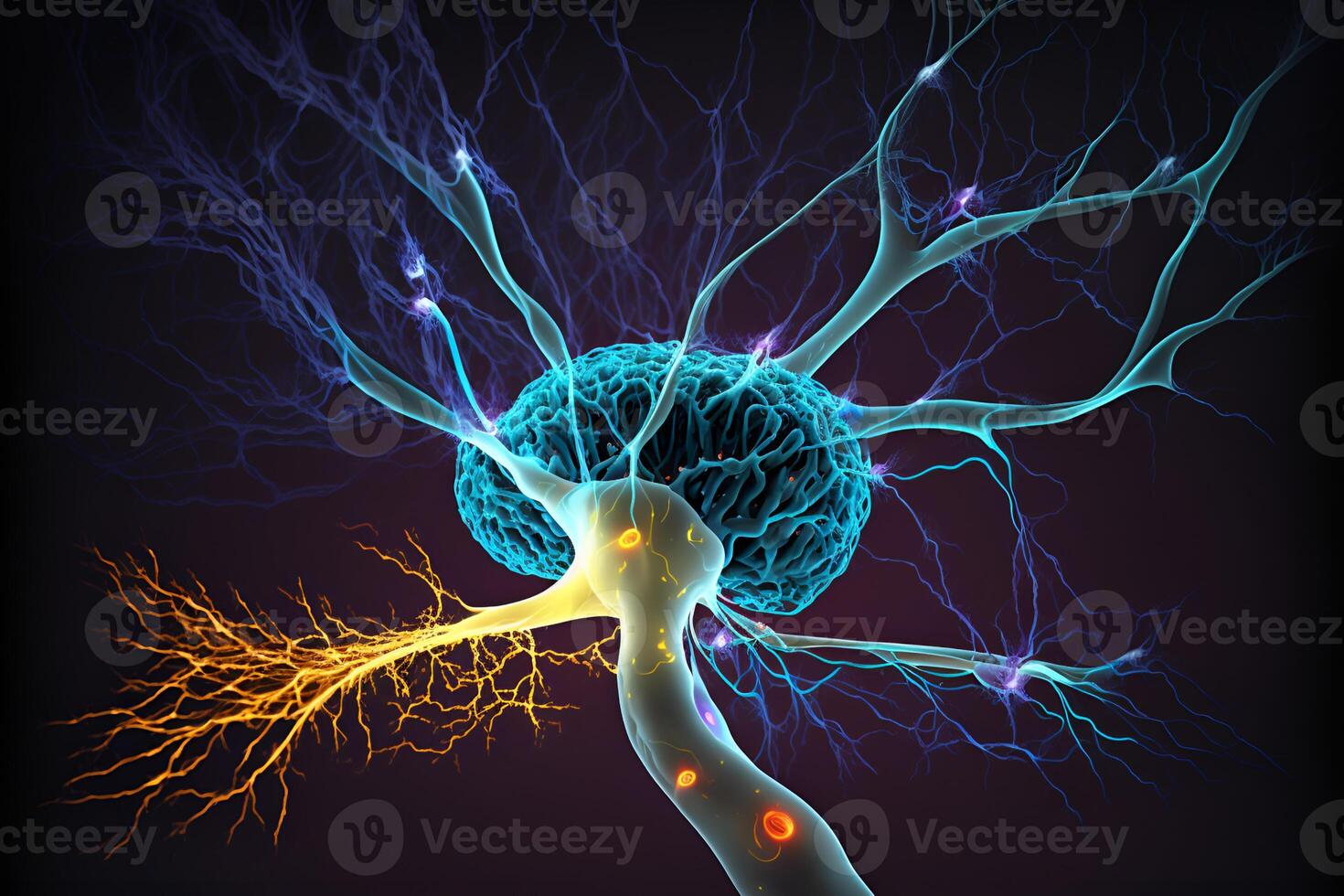 Closeup view of human neurons in brain and neuron connections in 3d illustration photo