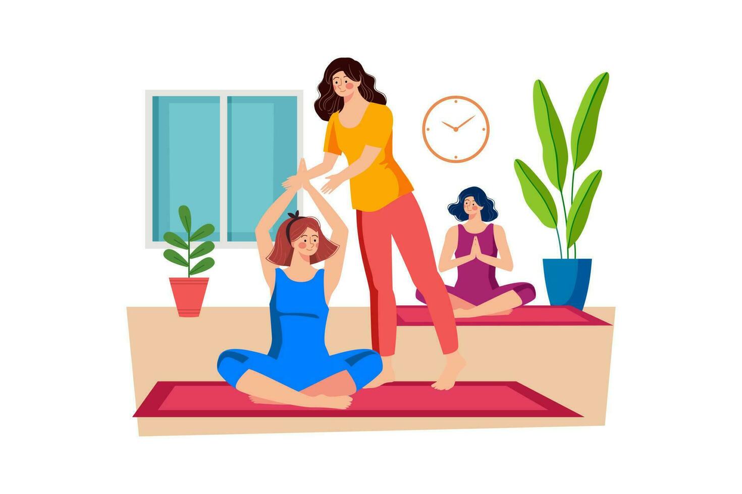 Wellness retreat staff leading yoga and meditation sessions for guests. vector