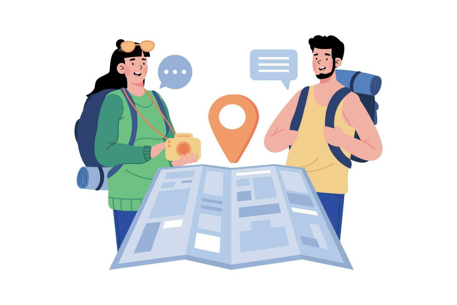 A couple is researching new places on the map vector