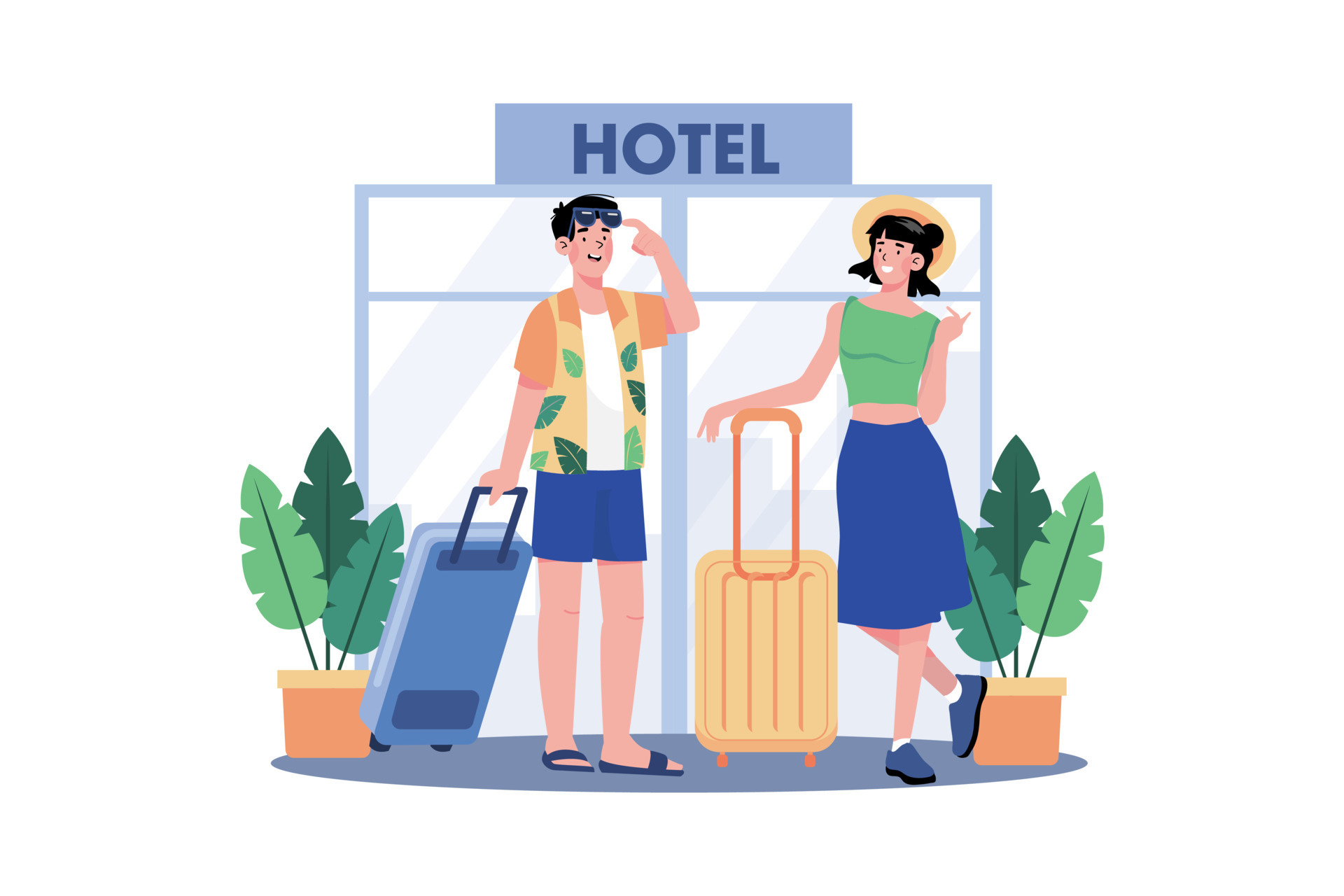 A couple books a hotel room for their vacation. 23856560 Vector Art at