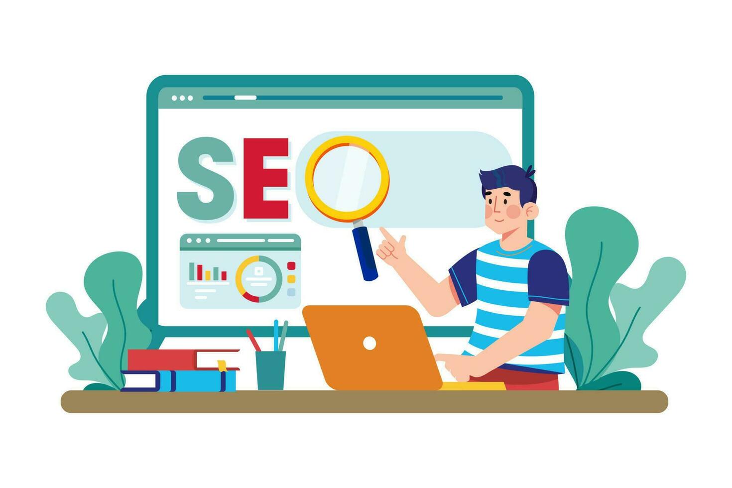 digital vendedor creando un seo estrategia para un nuevo sitio web. vector