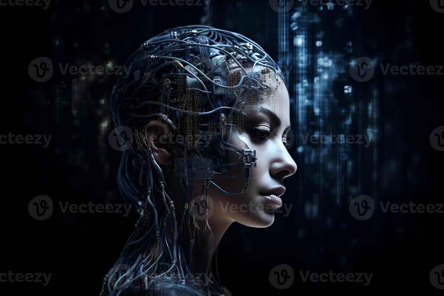 Illustration of artificial intelligence man or woman in digital space photo