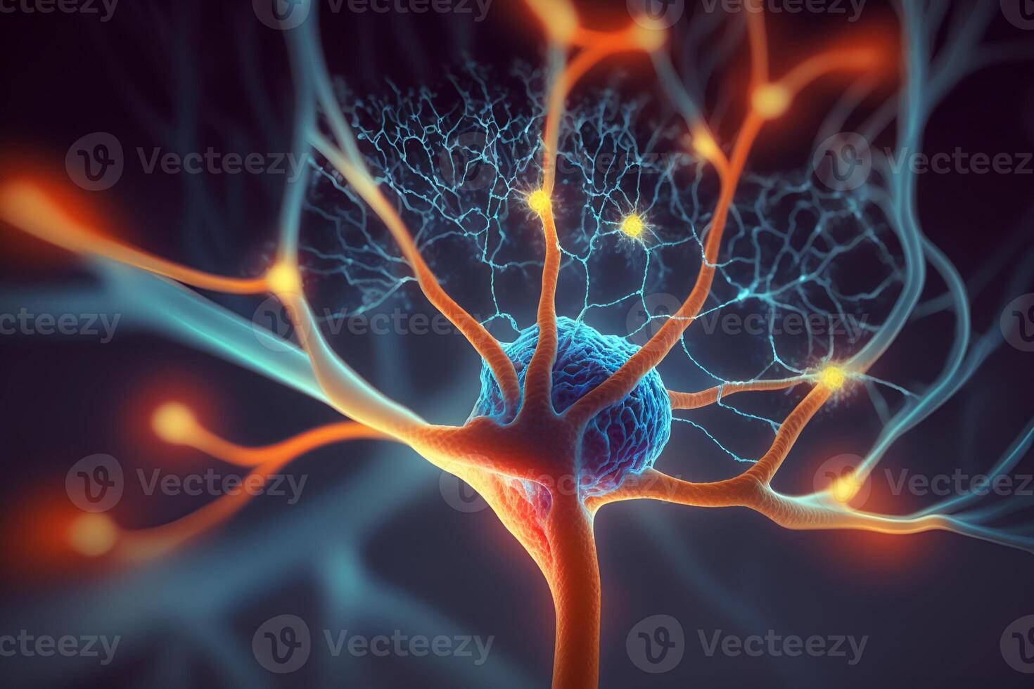 Closeup view of human neurons in brain and neuron connections in 3d illustration photo