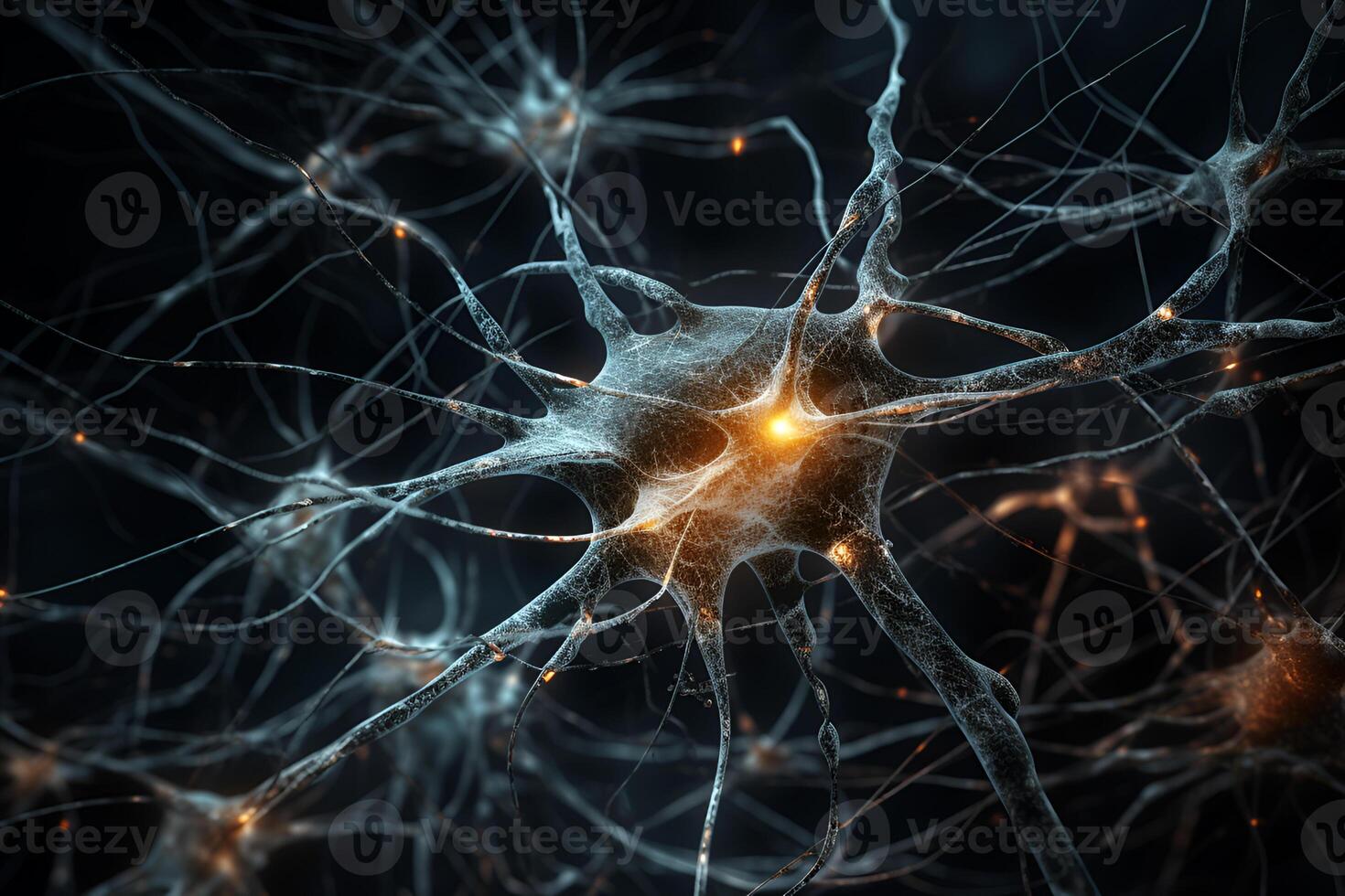 Closeup view of human neurons in brain and neuron connections in 3d