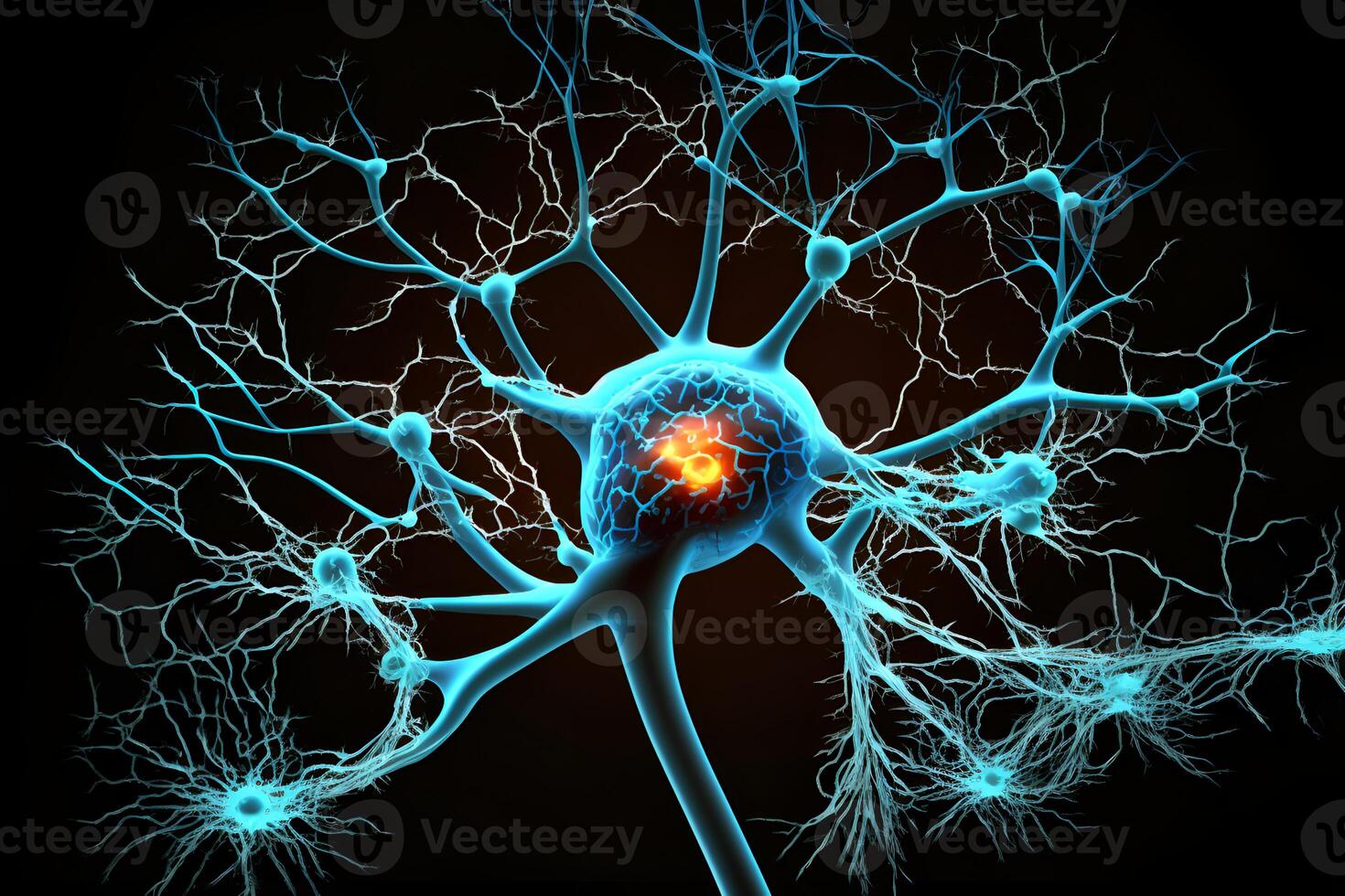 Closeup view of human neurons in brain and neuron connections in 3d illustration photo