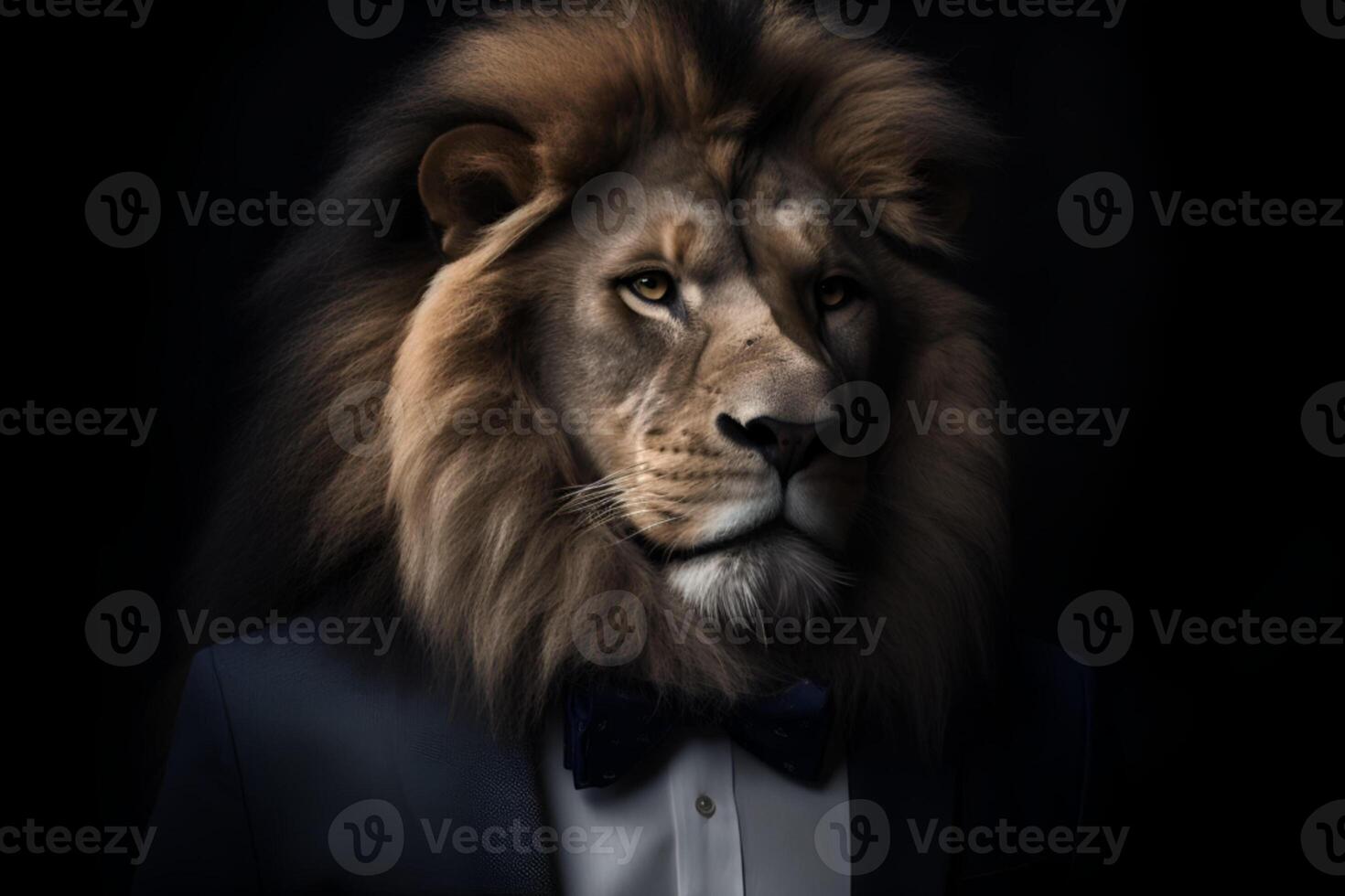 studio portrait of lion in black suit white shirt and tie photo