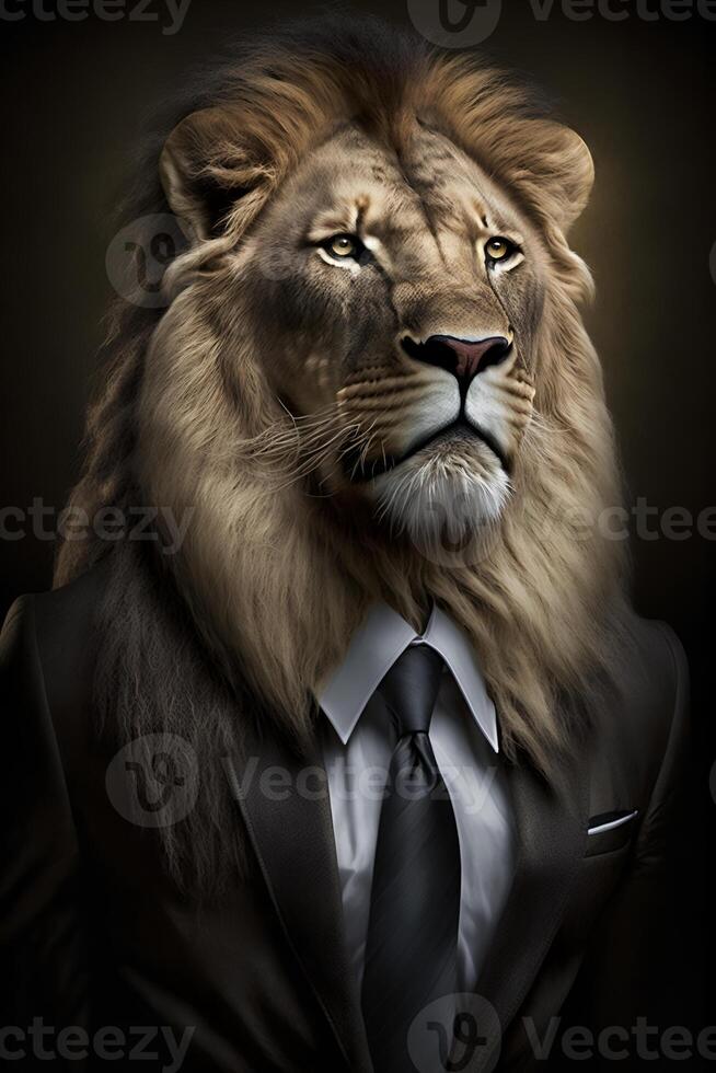 studio portrait of lion in black suit white shirt and tie photo