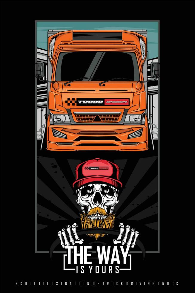 SKULL DRIVING ORANGE TRUCK ILLUSTRATION WITH A BLACK BACKGROUND vector