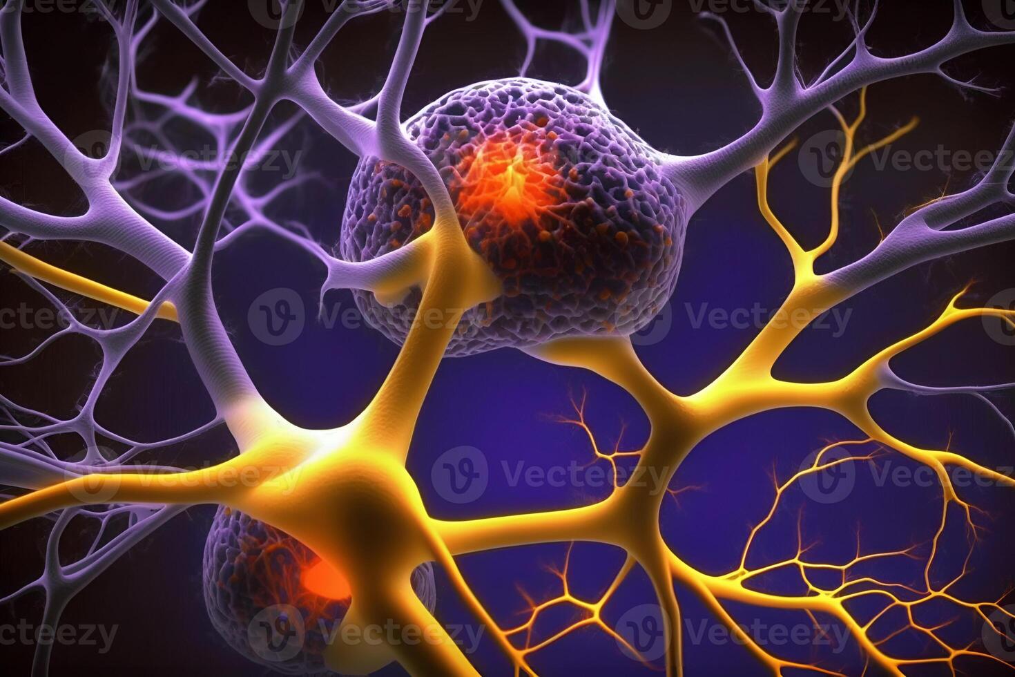 Closeup view of human neurons in brain and neuron connections in 3d illustration photo
