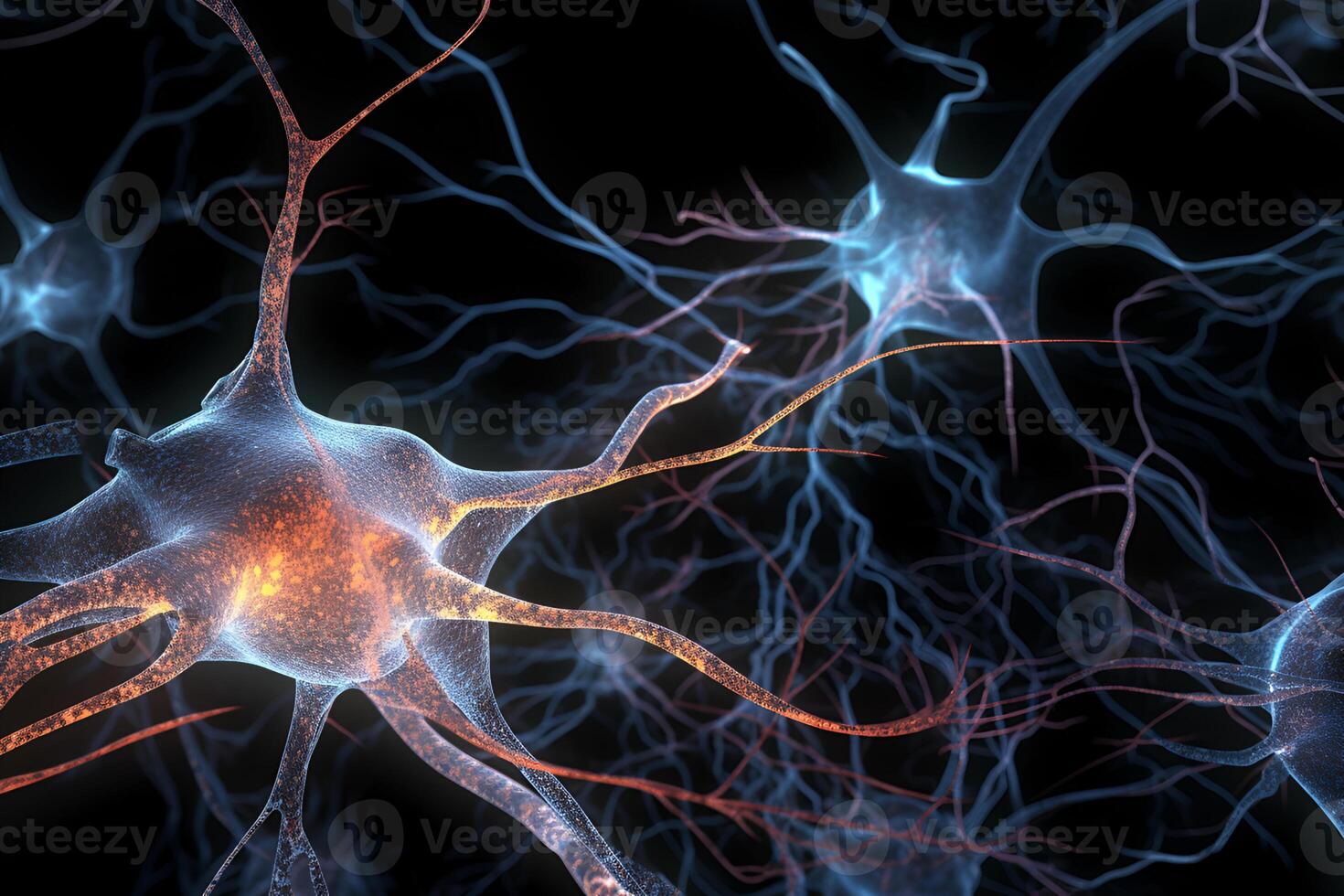 Closeup view of human neurons in brain and neuron connections in 3d illustration photo