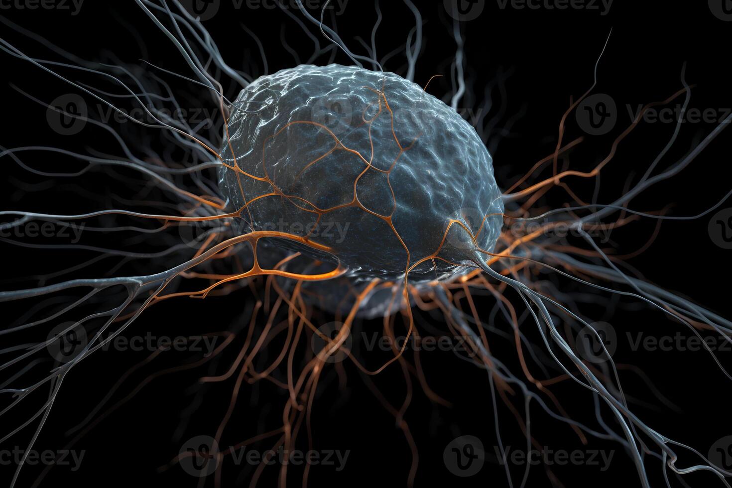 Closeup view of human neurons in brain and neuron connections in 3d illustration photo