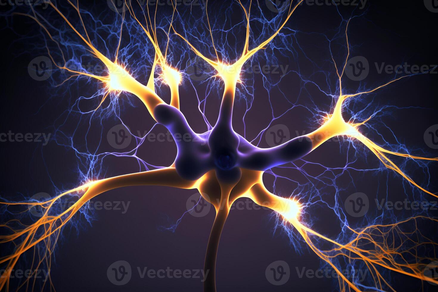 Closeup view of human neurons in brain and neuron connections in 3d illustration photo