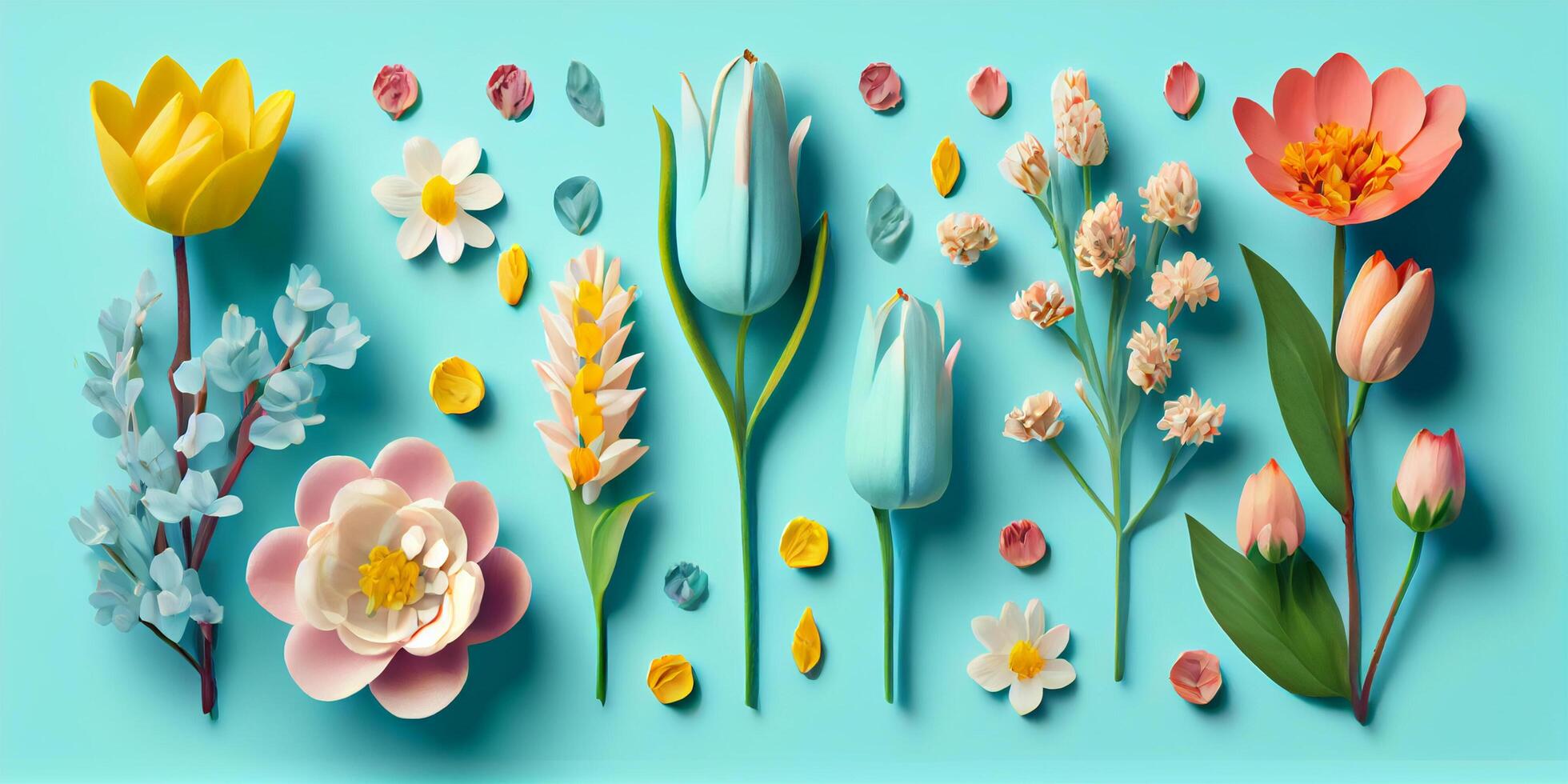 Flat lay concept of fresh field Spring flowers on Blue background isolated. Beautiful flowers decorative element set collection for wedding invitation or mother's day. . photo