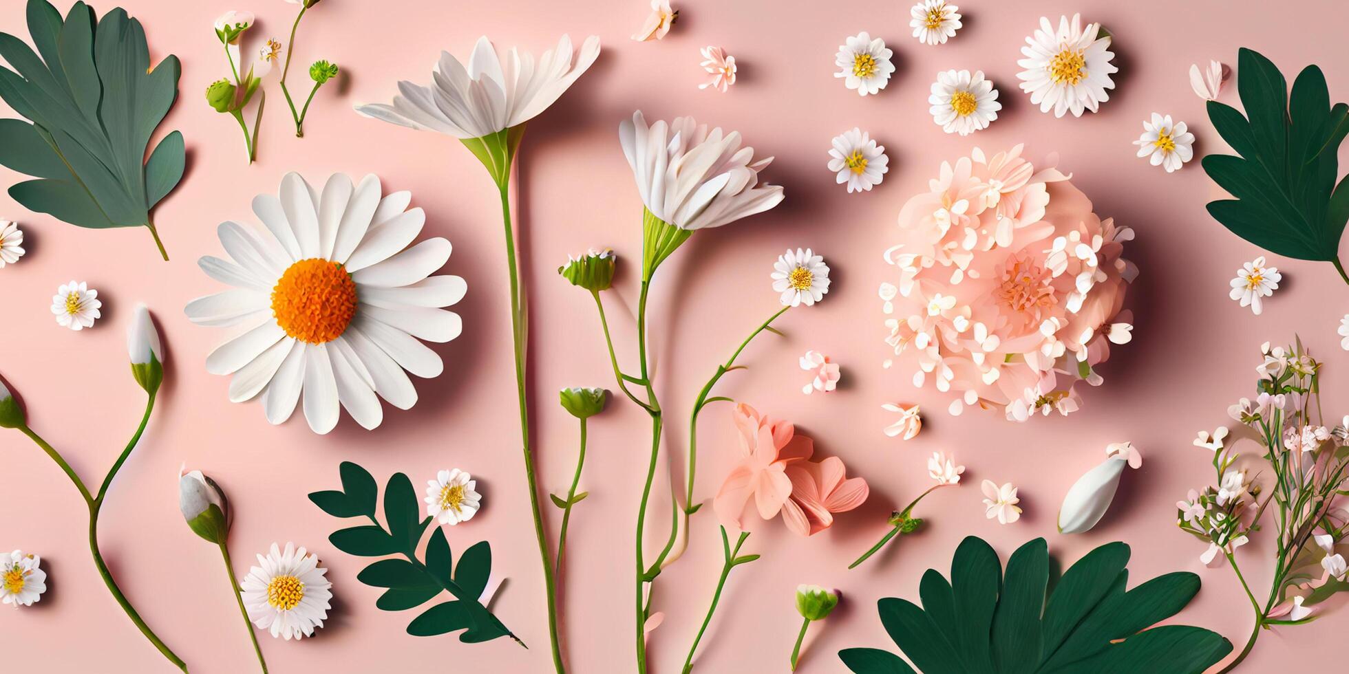 Flat lay concept of fresh field Spring flowers on Pink background isolated. Beautiful flowers decorative element set collection for wedding invitation or mother's day. . photo