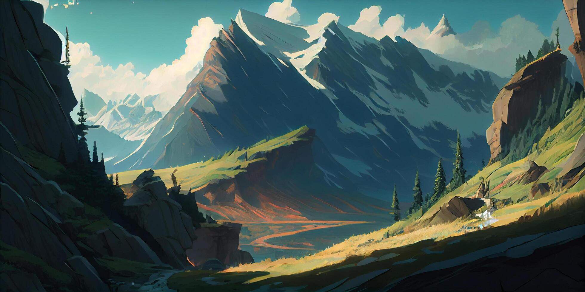 Summer seasonal anime style background, landscape, mountain, lake, and ...