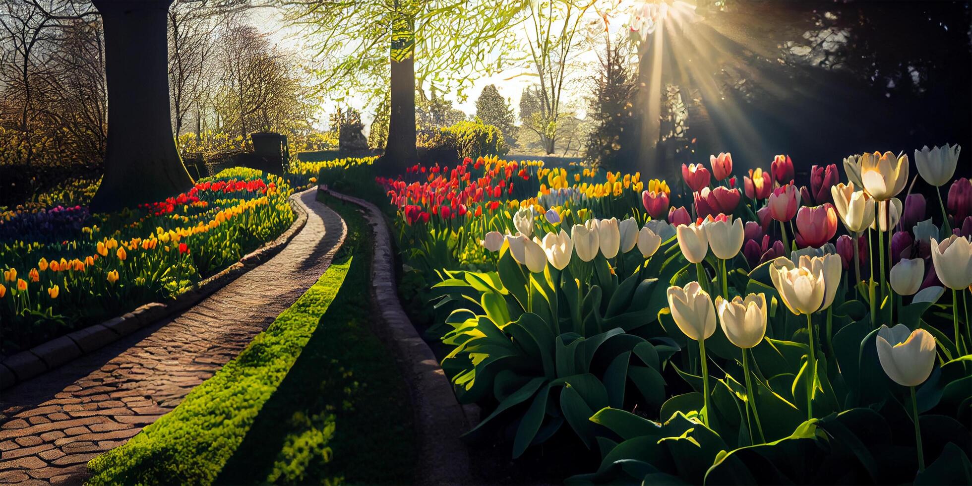 Colorful tulip flowers landscape background on a garden sunny day. . photo