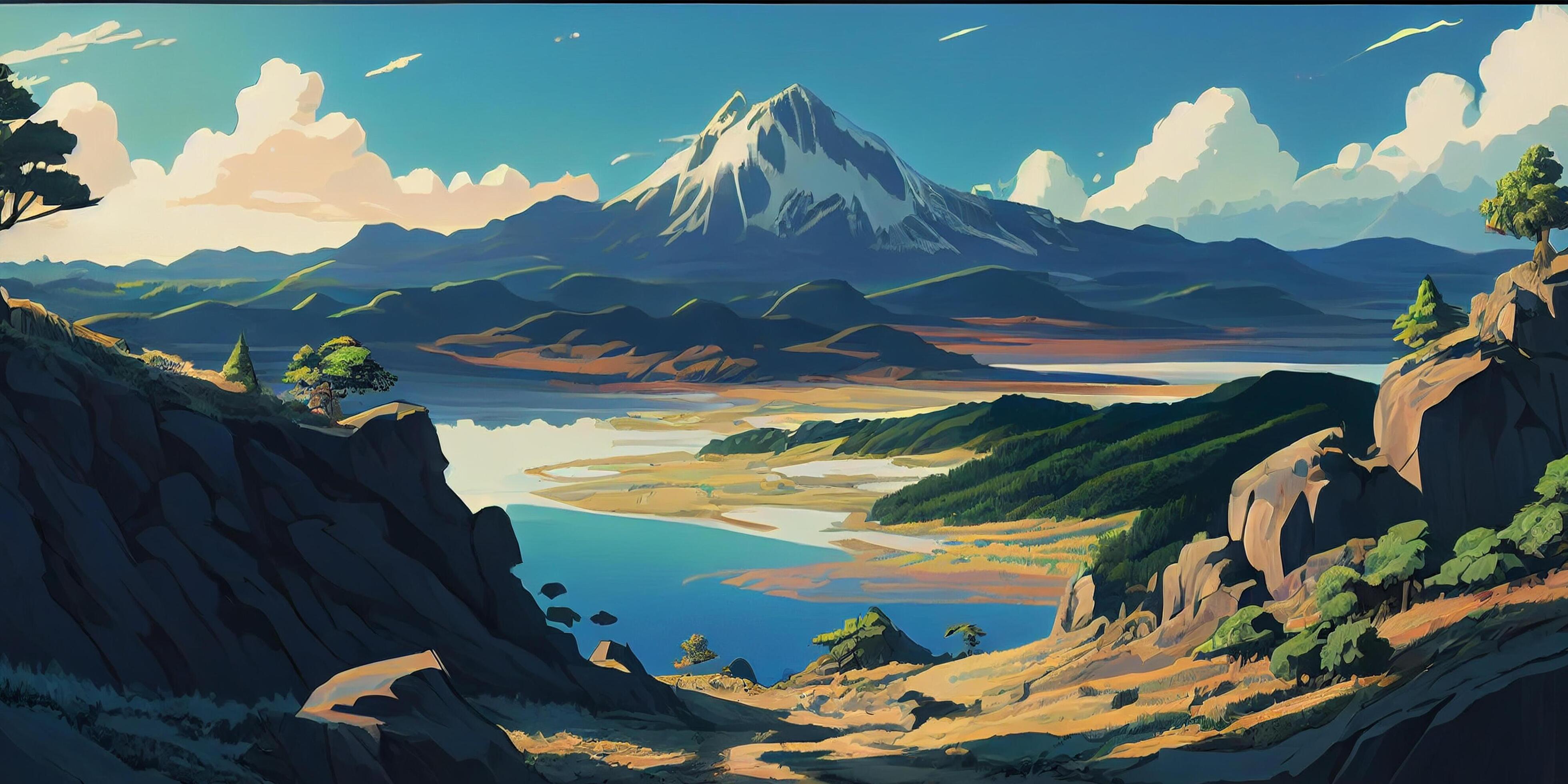 Summer seasonal anime style background, landscape, mountain, lake, and  relax vibes anime background or wallpaper. Generative Ai. 23856960 Stock  Photo at Vecteezy