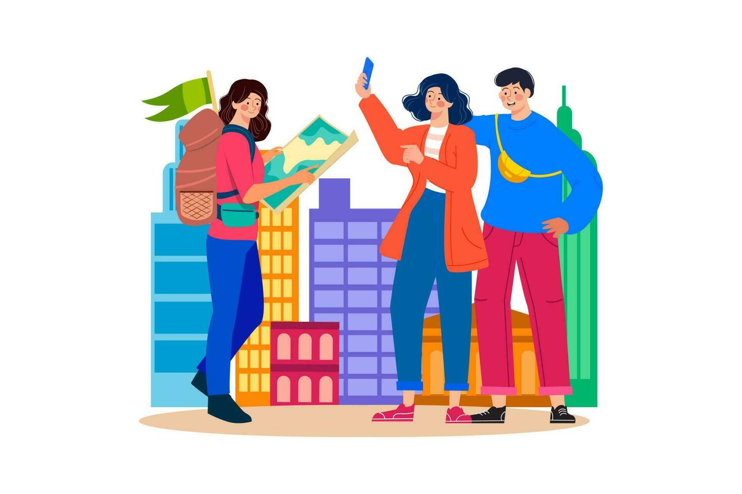 Tour guide showing visitors around a new city or country. vector