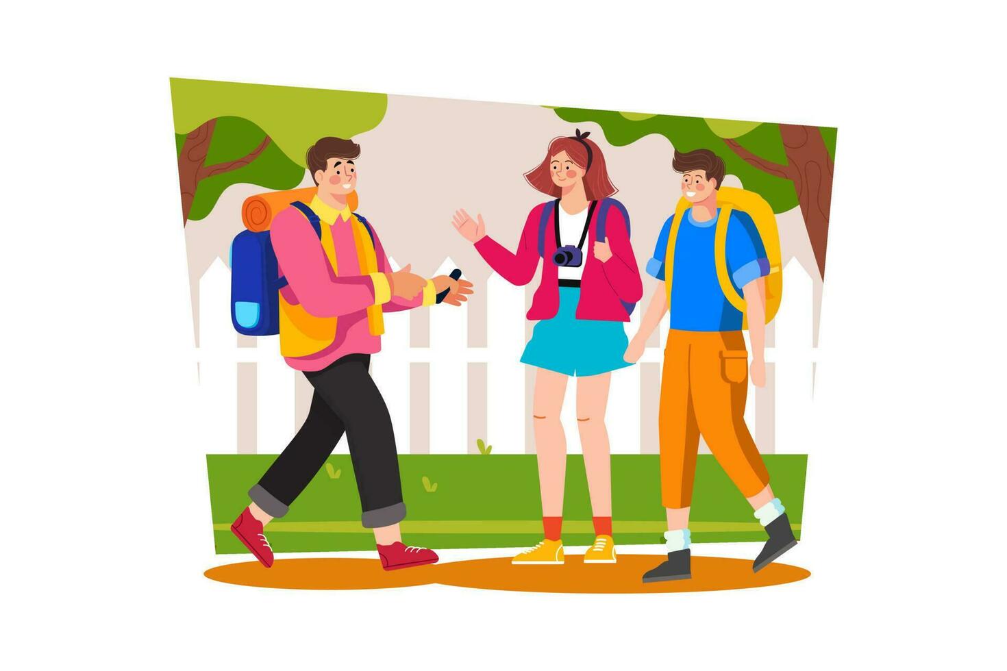 Backpacker sharing travel stories and experiences with fellow travelers. vector