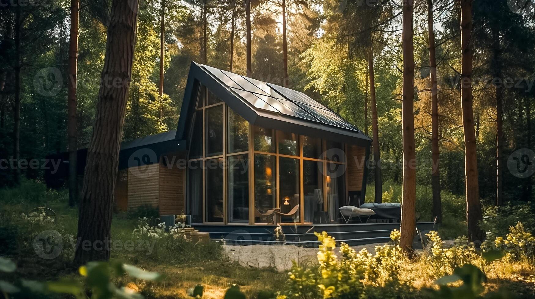 Modern small house witrh solar panels in the forest. illustration photo