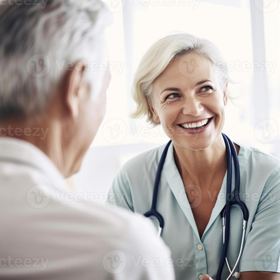 un de edad mediana hembra médico saluda el paciente con un amable sonrisa. ella es vestido en un blanco Saco y tiene un estetoscopio alrededor su cuello. ai generado. foto