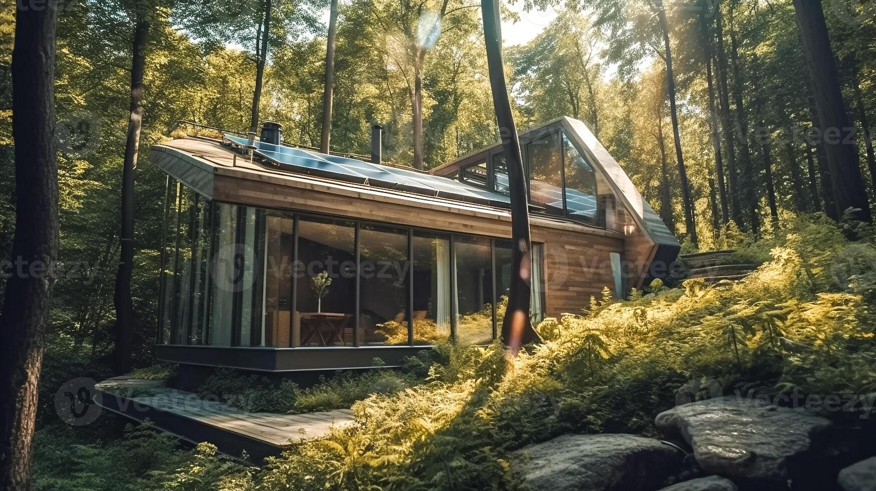 Modern small house witrh solar panels in the forest. illustration photo