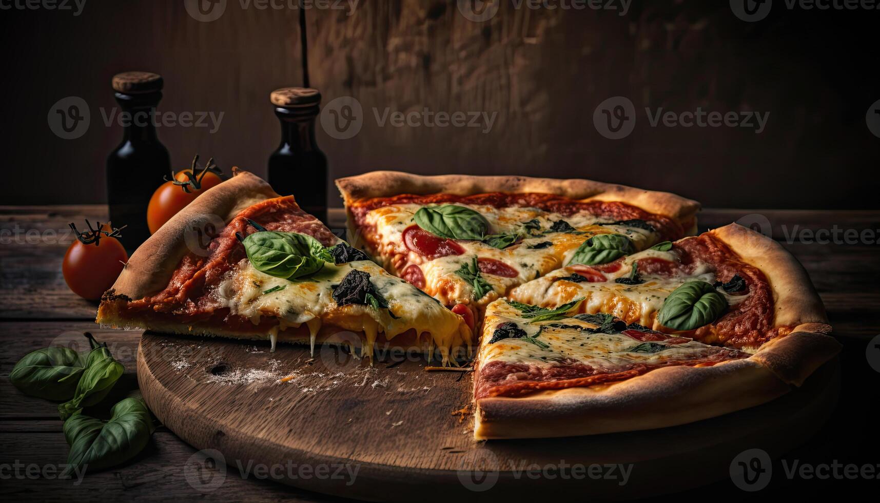 A sliced pizza sitting on top of a wooden cutting board. illustration photo