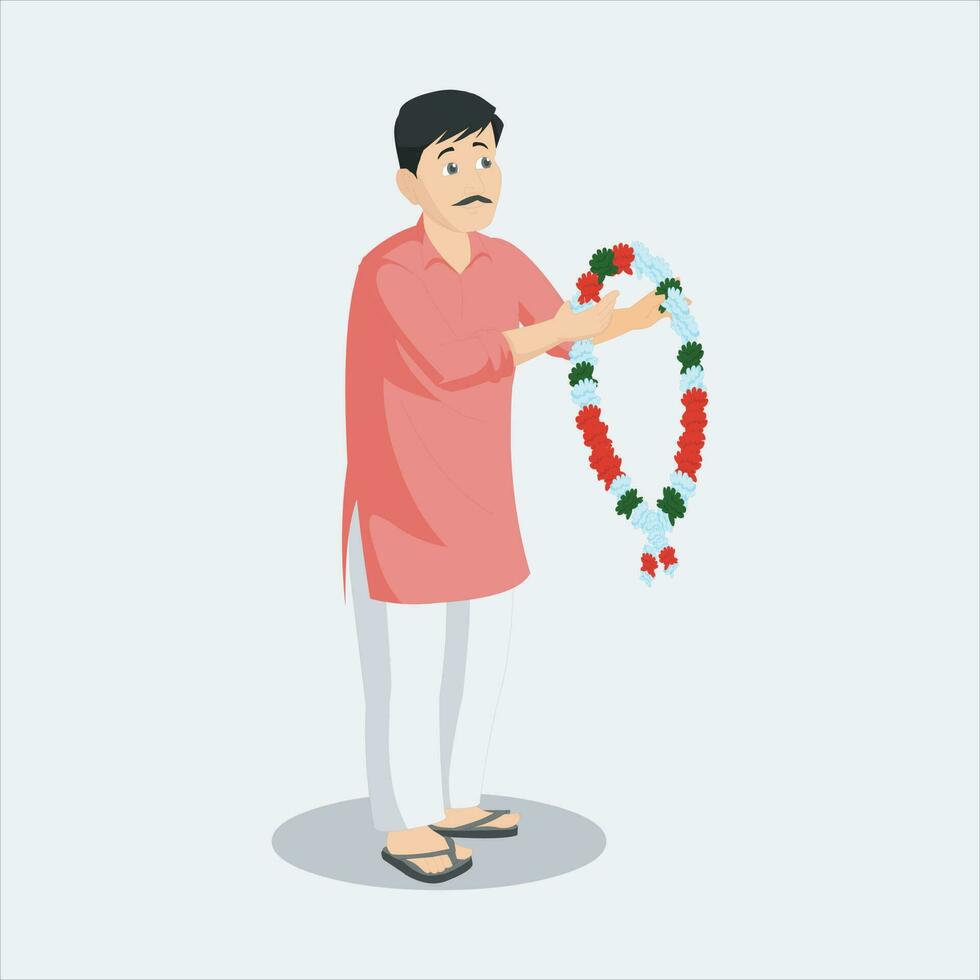 Asian Flower garland in boy character's hand - Boy Cartoon character vector