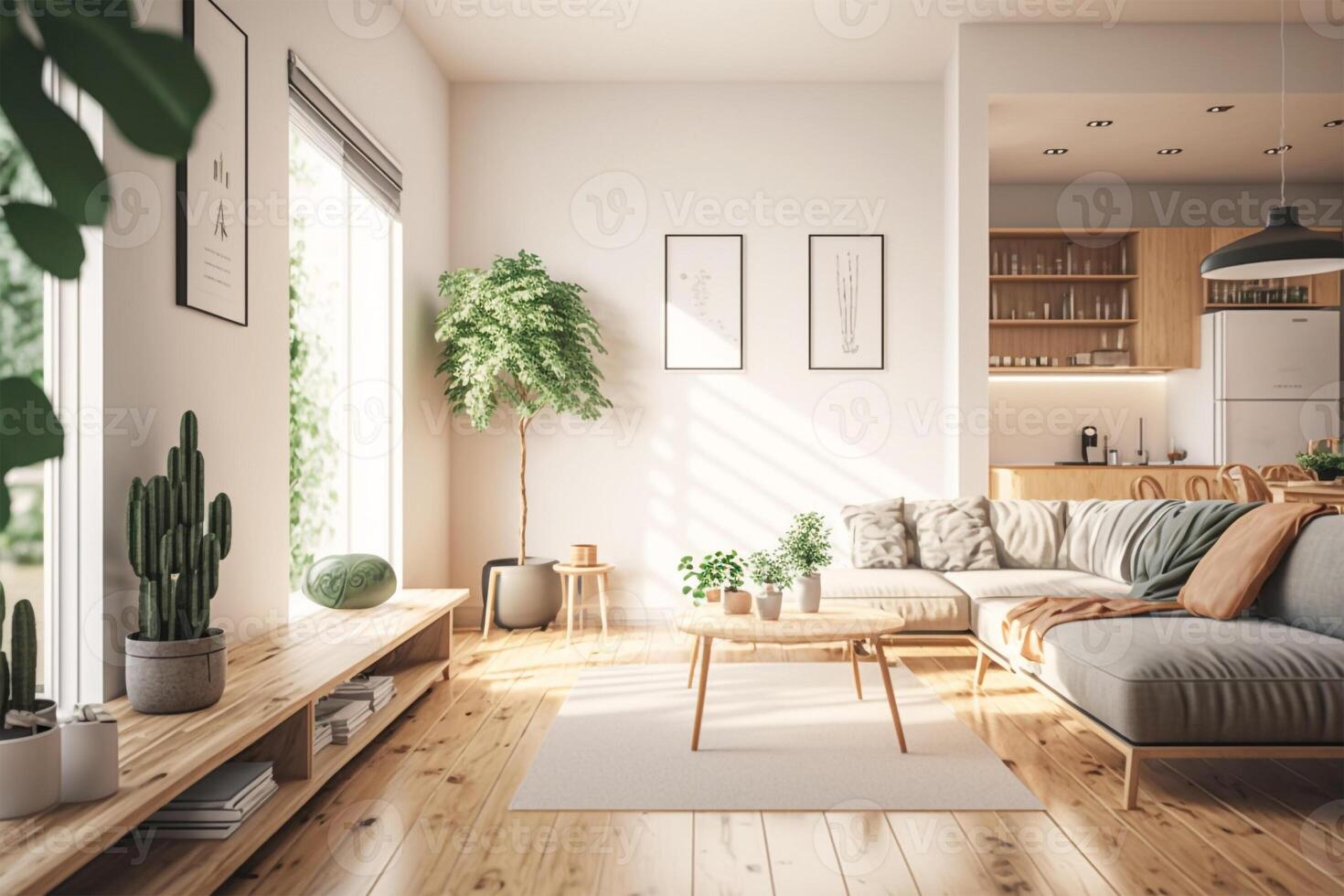 The illustration depicts a modern, well-lit apartment generated by Ai photo