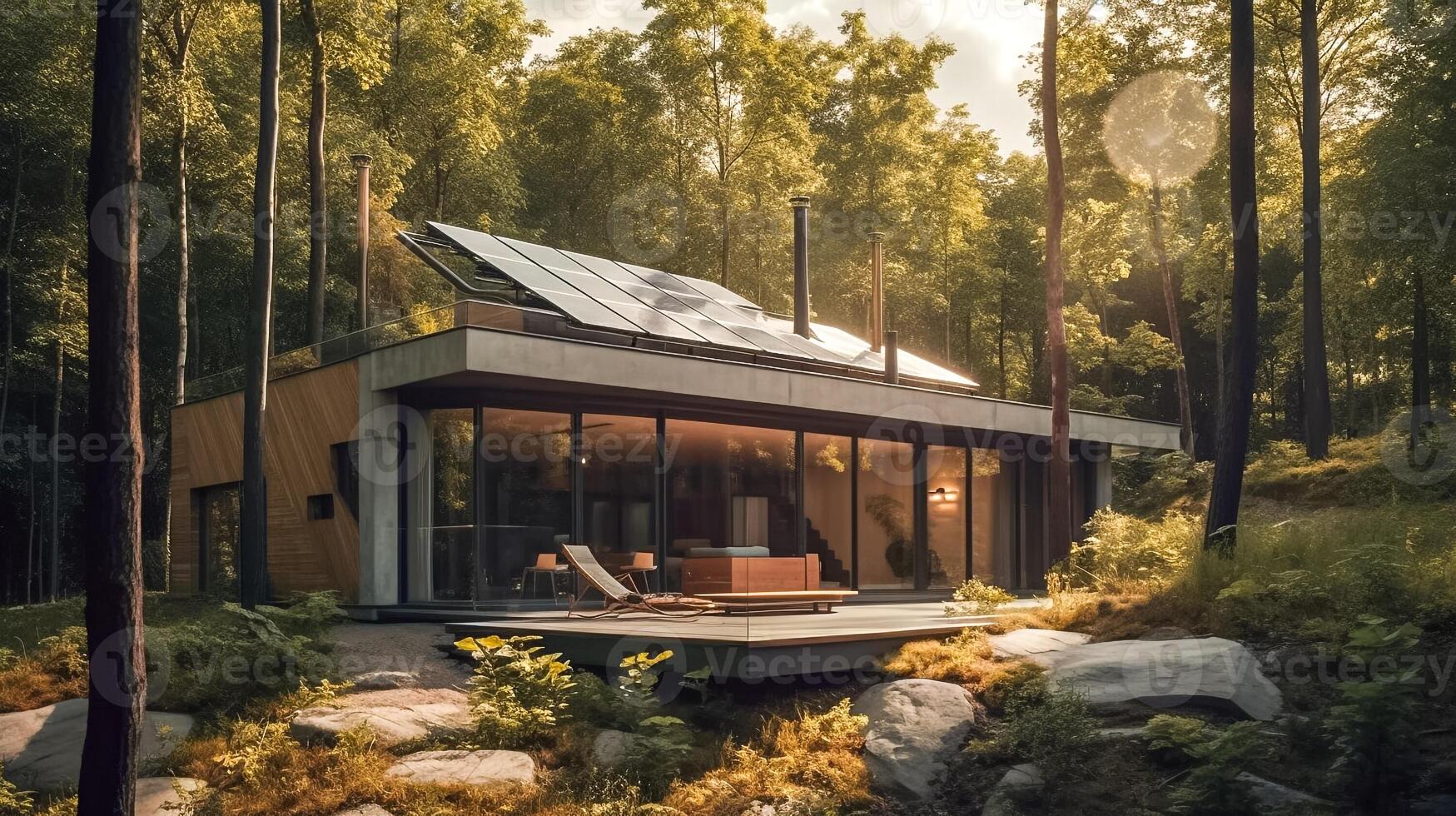 Modern small house witrh solar panels in the forest. illustration photo