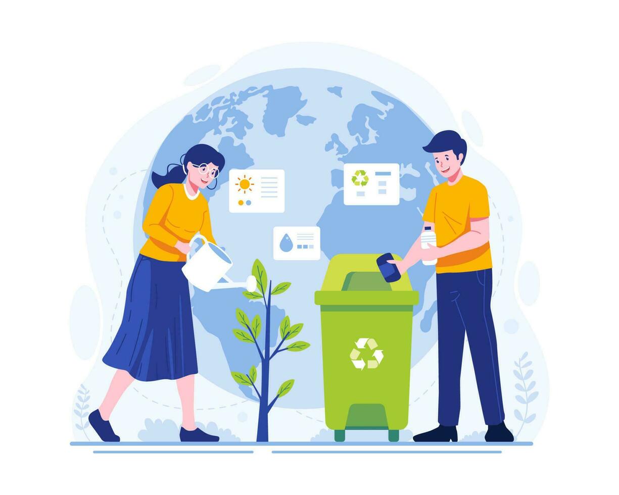 People Celebrate World Environment Day by taking care of the Earth. A Couple is Gardening and watering a tree and throwing garbage in its place. Vector Illustration