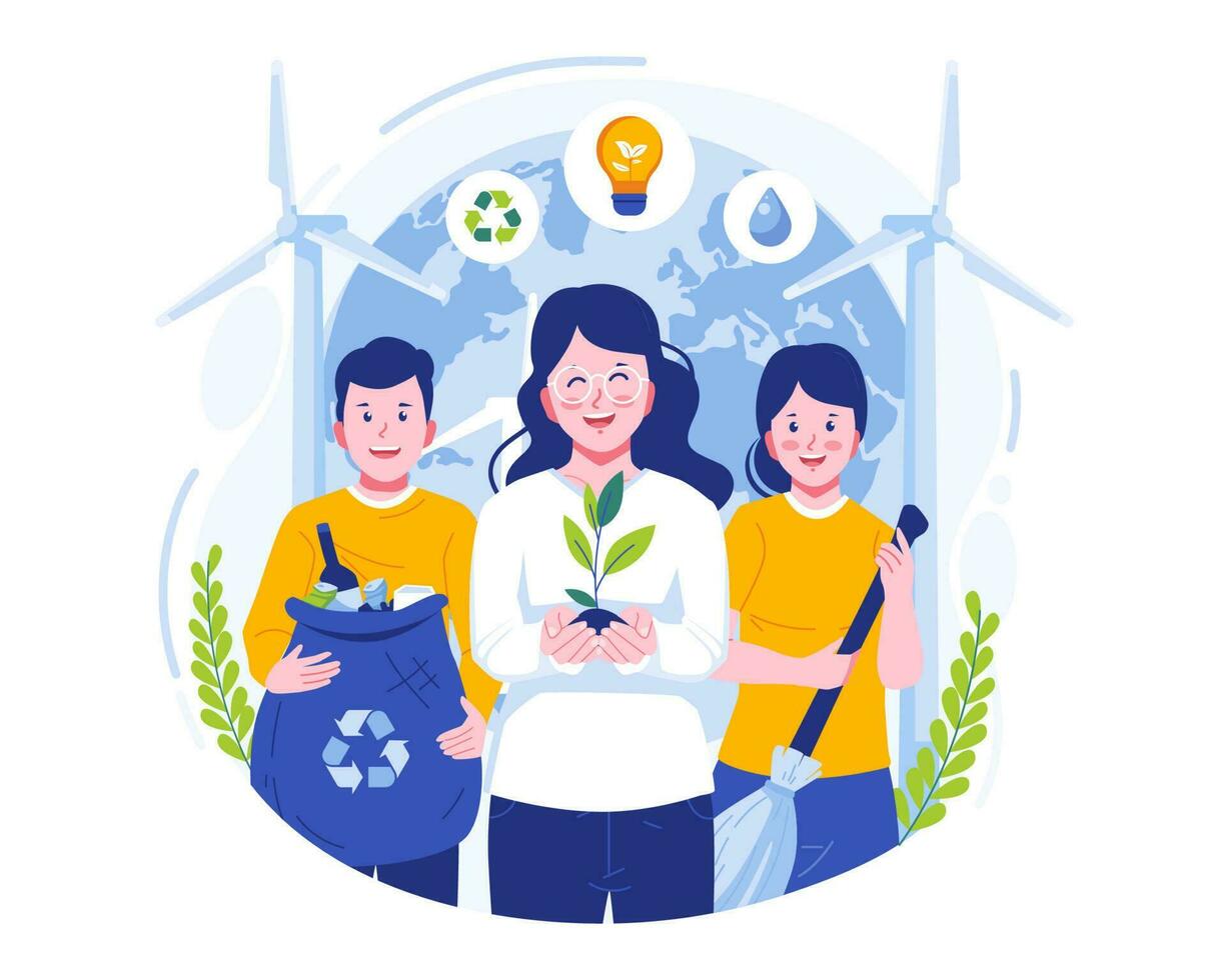 mundo ambiente día. personas celebrar ambiente día por tomando cuidado de el tierra. salvar nuestra planeta, salvar energía. tierra día concepto. vector ilustración